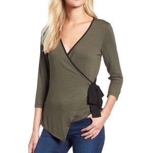 Bobeau Tipped Wrap Top Olive/Black Size L
